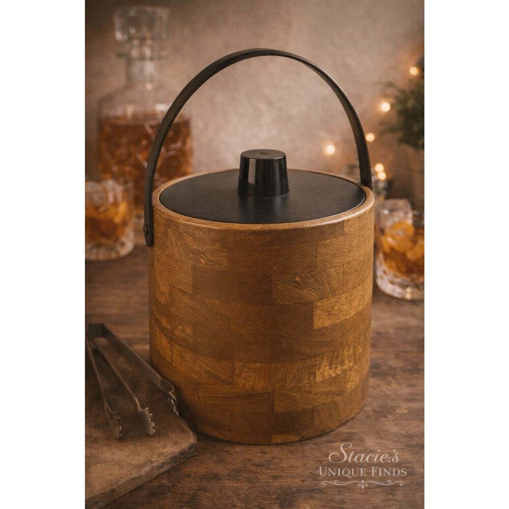 Vintage Irvinware Wood Grain Ice Bucket Black Lid Handle Made USA
